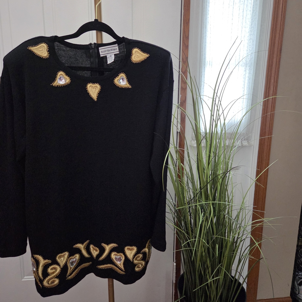August Max Woman Black Tunic Sweater with Gold Embellishments Sz 2X